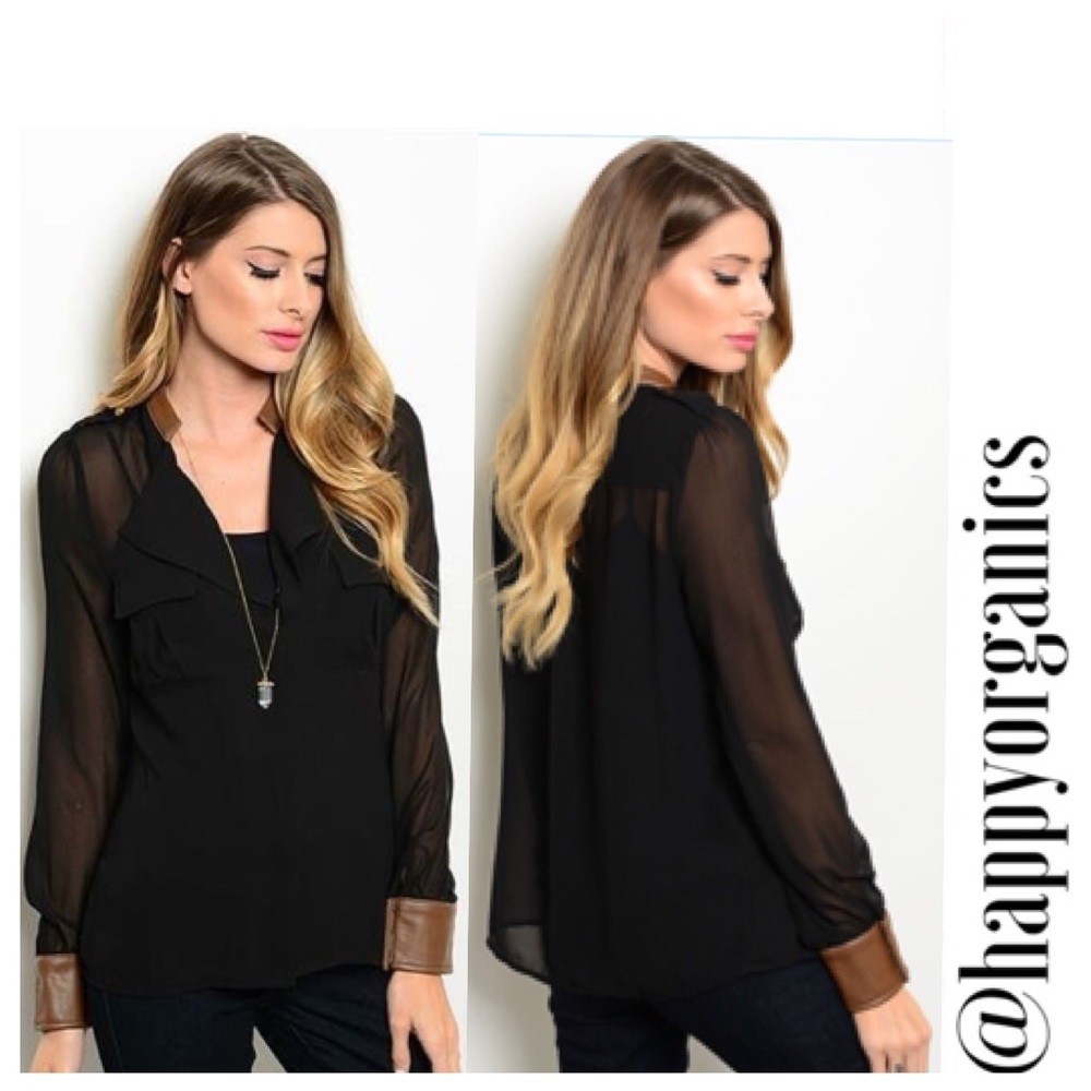 Sheer Black Button Up blouse w/ faux leather cuffs - Picture 2 of 3